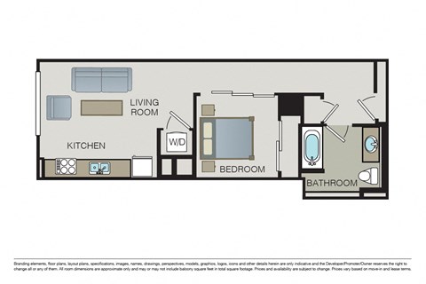 Floor plan for 1 bed, 1 bath, 603 sqft